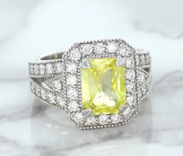 3.64ct Radiant Yellow Sapphire Ring with Diamond Halo in 18K White Gold