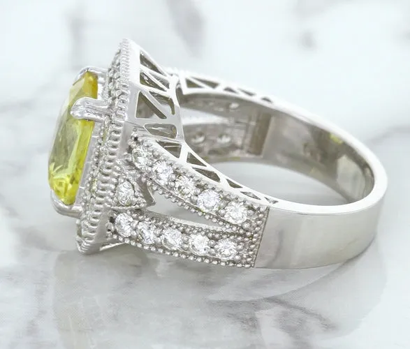 3.64ct Radiant Yellow Sapphire Ring with Diamond Halo in 18K White Gold