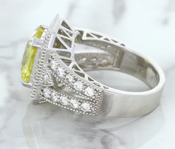 3.64ct Radiant Yellow Sapphire Ring with Diamond Halo in 18K White Gold