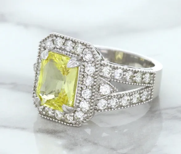 3.64ct Radiant Yellow Sapphire Ring with Diamond Halo in 18K White Gold
