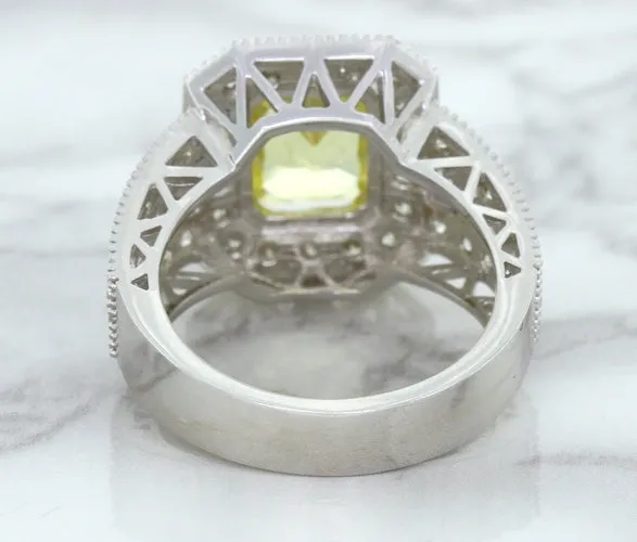 3.64ct Radiant Yellow Sapphire Ring with Diamond Halo in 18K White Gold