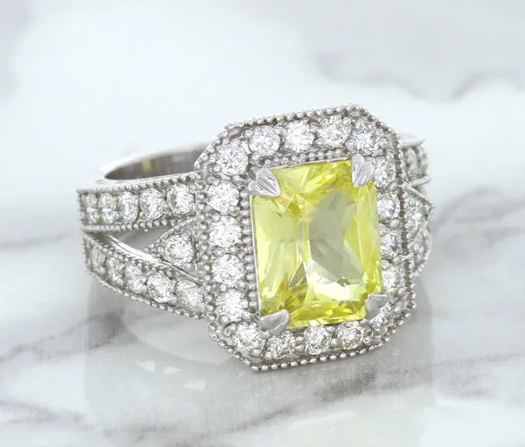 3.64ct Radiant Yellow Sapphire Ring with Diamond Halo in 18K White Gold