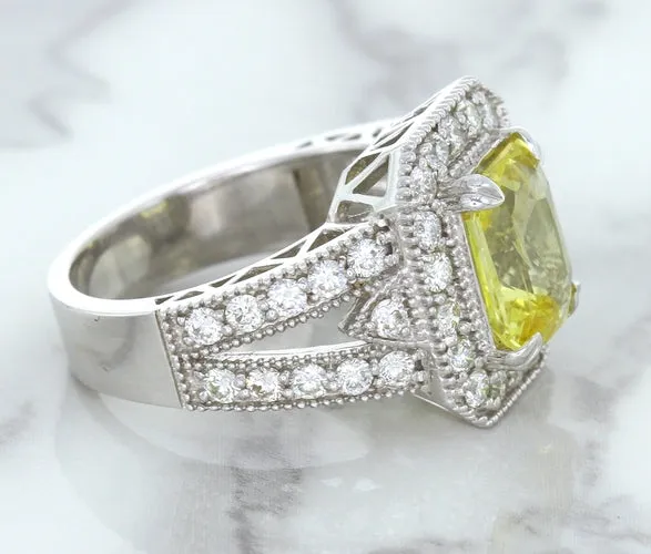 3.64ct Radiant Yellow Sapphire Ring with Diamond Halo in 18K White Gold