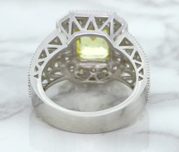 3.64ct Radiant Yellow Sapphire Ring with Diamond Halo in 18K White Gold