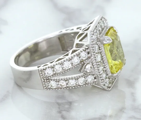 3.64ct Radiant Yellow Sapphire Ring with Diamond Halo in 18K White Gold