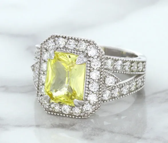 3.64ct Radiant Yellow Sapphire Ring with Diamond Halo in 18K White Gold