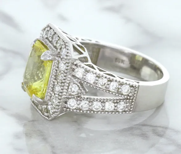 3.64ct Radiant Yellow Sapphire Ring with Diamond Halo in 18K White Gold