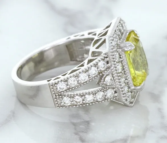 3.64ct Radiant Yellow Sapphire Ring with Diamond Halo in 18K White Gold