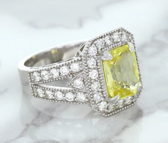 3.64ct Radiant Yellow Sapphire Ring with Diamond Halo in 18K White Gold