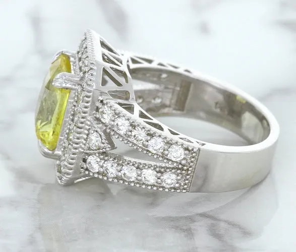 3.64ct Radiant Yellow Sapphire Ring with Diamond Halo in 18K White Gold