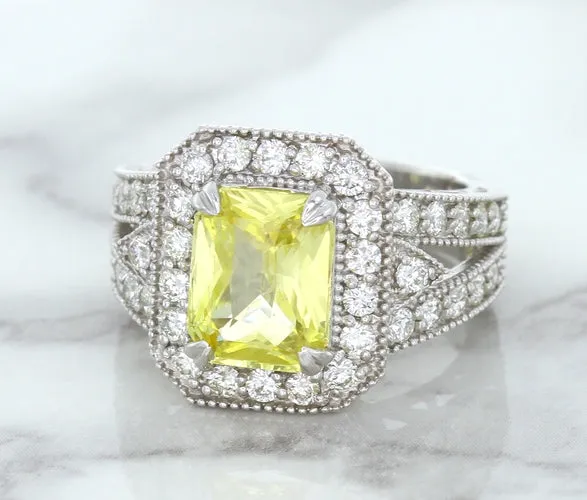 3.64ct Radiant Yellow Sapphire Ring with Diamond Halo in 18K White Gold