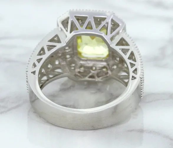 3.64ct Radiant Yellow Sapphire Ring with Diamond Halo in 18K White Gold