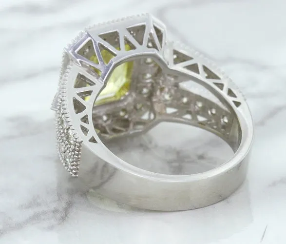 3.64ct Radiant Yellow Sapphire Ring with Diamond Halo in 18K White Gold