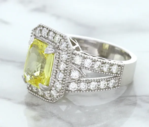 3.64ct Radiant Yellow Sapphire Ring with Diamond Halo in 18K White Gold