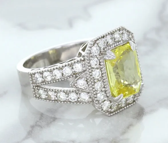 3.64ct Radiant Yellow Sapphire Ring with Diamond Halo in 18K White Gold