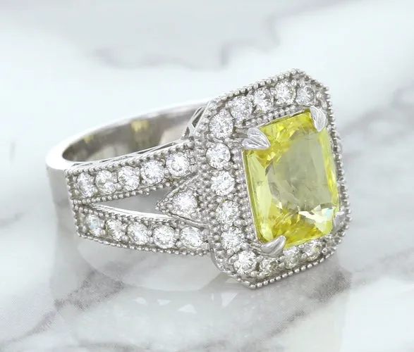 3.64ct Radiant Yellow Sapphire Ring with Diamond Halo in 18K White Gold