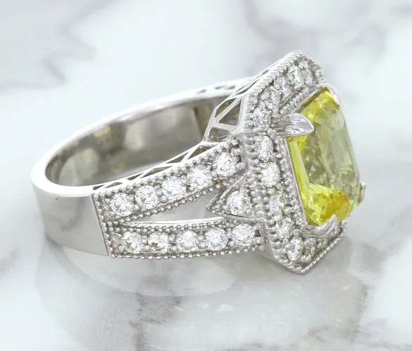 3.64ct Radiant Yellow Sapphire Ring with Diamond Halo in 18K White Gold