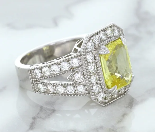 3.64ct Radiant Yellow Sapphire Ring with Diamond Halo in 18K White Gold