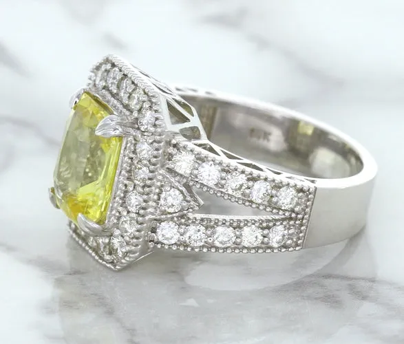 3.64ct Radiant Yellow Sapphire Ring with Diamond Halo in 18K White Gold