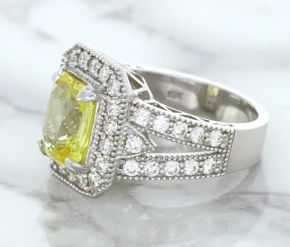 3.64ct Radiant Yellow Sapphire Ring with Diamond Halo in 18K White Gold
