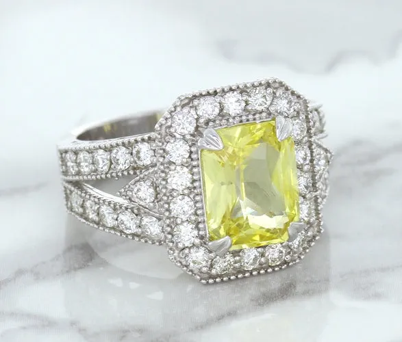 3.64ct Radiant Yellow Sapphire Ring with Diamond Halo in 18K White Gold