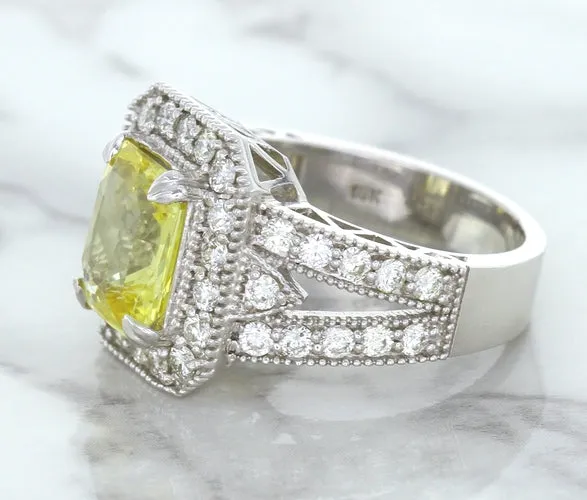 3.64ct Radiant Yellow Sapphire Ring with Diamond Halo in 18K White Gold