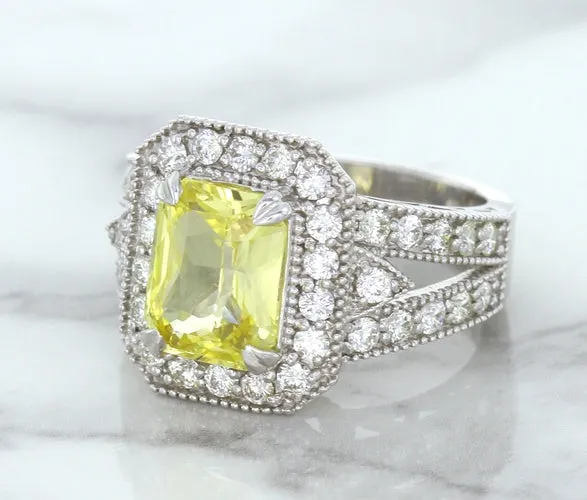 3.64ct Radiant Yellow Sapphire Ring with Diamond Halo in 18K White Gold