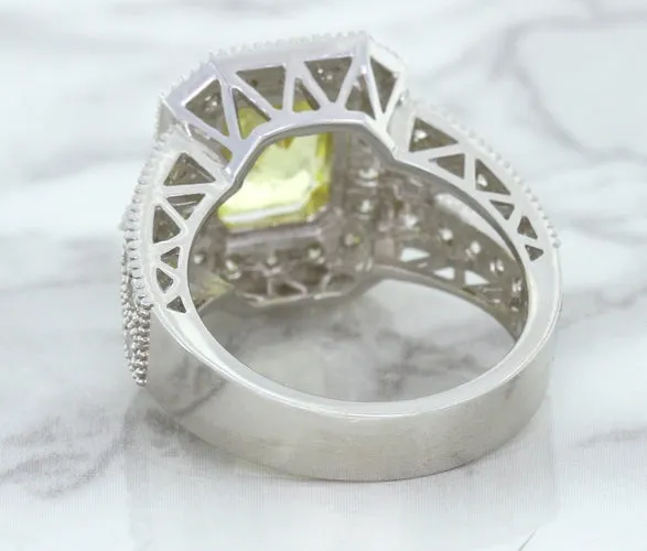 3.64ct Radiant Yellow Sapphire Ring with Diamond Halo in 18K White Gold