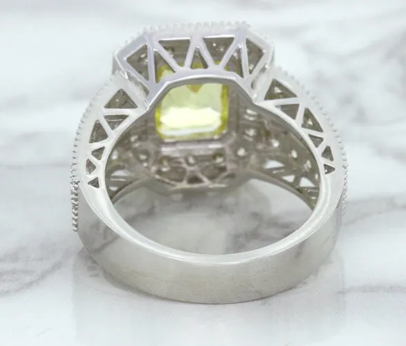 3.64ct Radiant Yellow Sapphire Ring with Diamond Halo in 18K White Gold