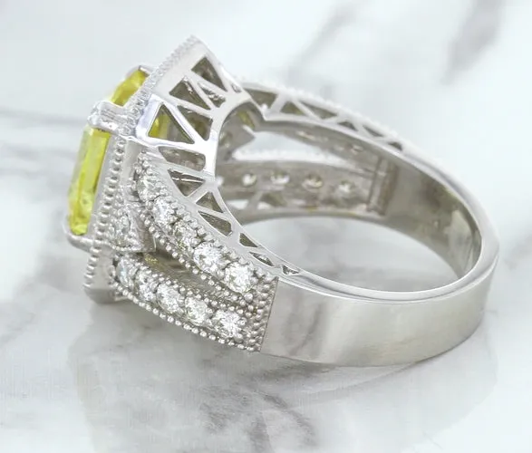 3.64ct Radiant Yellow Sapphire Ring with Diamond Halo in 18K White Gold