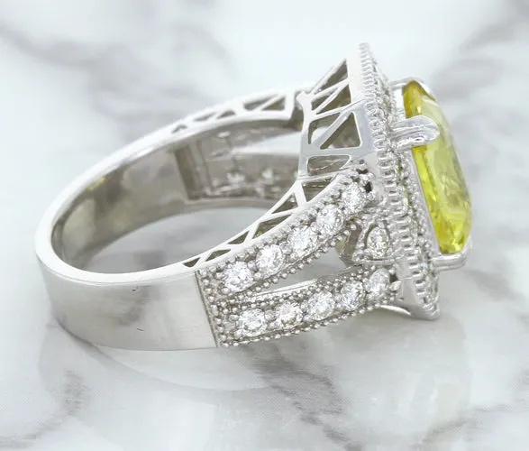 3.64ct Radiant Yellow Sapphire Ring with Diamond Halo in 18K White Gold