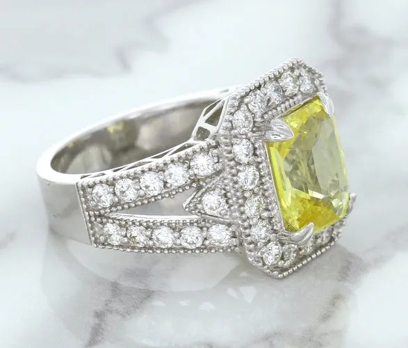 3.64ct Radiant Yellow Sapphire Ring with Diamond Halo in 18K White Gold