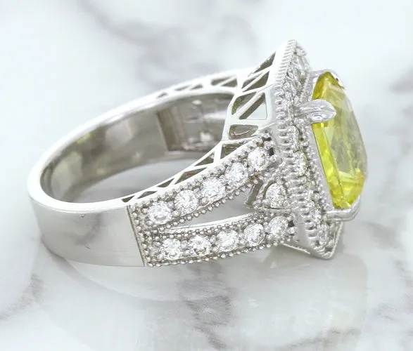 3.64ct Radiant Yellow Sapphire Ring with Diamond Halo in 18K White Gold
