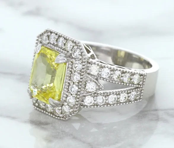 3.64ct Radiant Yellow Sapphire Ring with Diamond Halo in 18K White Gold