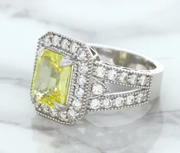 3.64ct Radiant Yellow Sapphire Ring with Diamond Halo in 18K White Gold