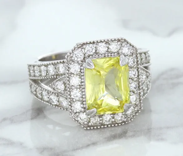 3.64ct Radiant Yellow Sapphire Ring with Diamond Halo in 18K White Gold