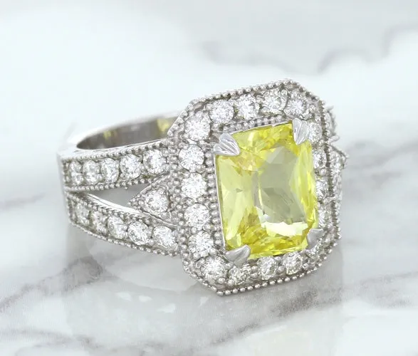 3.64ct Radiant Yellow Sapphire Ring with Diamond Halo in 18K White Gold