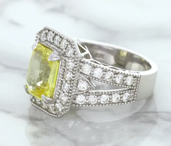 3.64ct Radiant Yellow Sapphire Ring with Diamond Halo in 18K White Gold