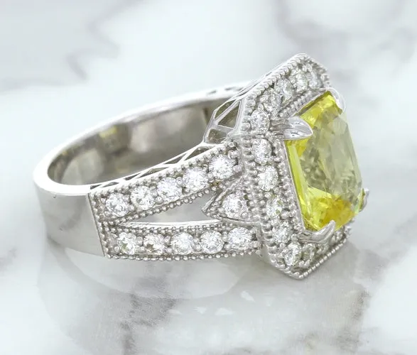 3.64ct Radiant Yellow Sapphire Ring with Diamond Halo in 18K White Gold