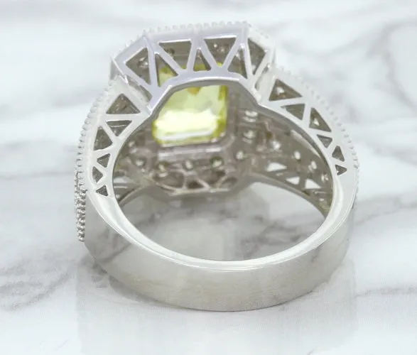 3.64ct Radiant Yellow Sapphire Ring with Diamond Halo in 18K White Gold