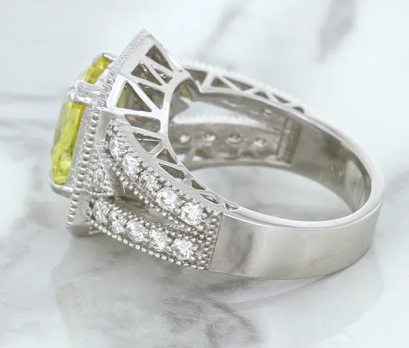 3.64ct Radiant Yellow Sapphire Ring with Diamond Halo in 18K White Gold