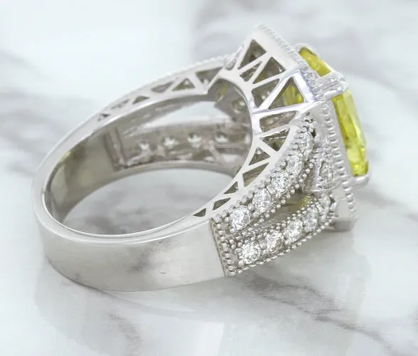 3.64ct Radiant Yellow Sapphire Ring with Diamond Halo in 18K White Gold