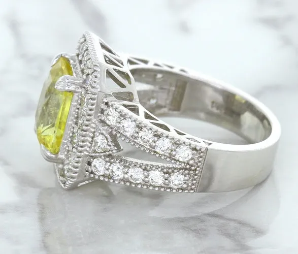 3.64ct Radiant Yellow Sapphire Ring with Diamond Halo in 18K White Gold