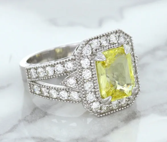 3.64ct Radiant Yellow Sapphire Ring with Diamond Halo in 18K White Gold