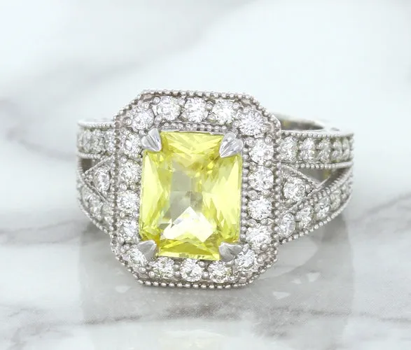 3.64ct Radiant Yellow Sapphire Ring with Diamond Halo in 18K White Gold