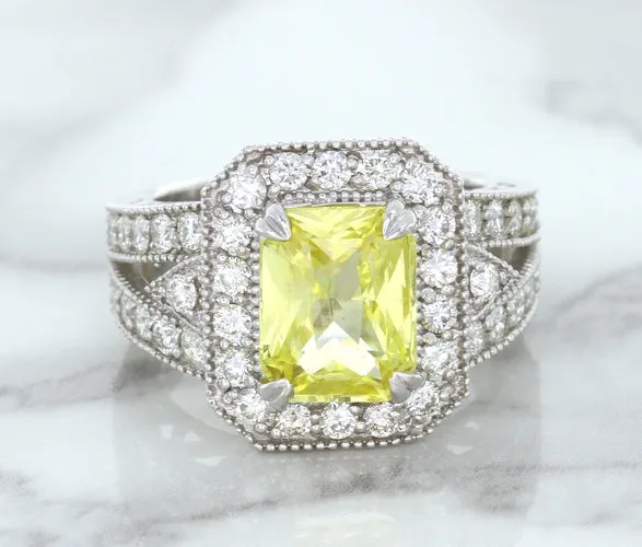 3.64ct Radiant Yellow Sapphire Ring with Diamond Halo in 18K White Gold