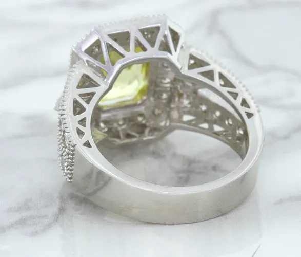 3.64ct Radiant Yellow Sapphire Ring with Diamond Halo in 18K White Gold