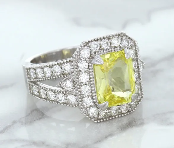 3.64ct Radiant Yellow Sapphire Ring with Diamond Halo in 18K White Gold