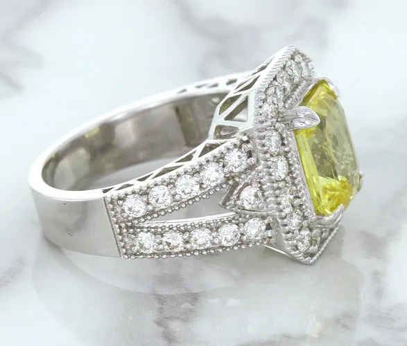 3.64ct Radiant Yellow Sapphire Ring with Diamond Halo in 18K White Gold