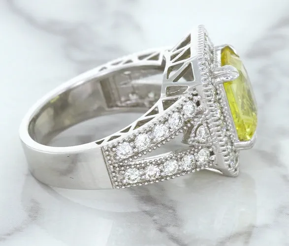 3.64ct Radiant Yellow Sapphire Ring with Diamond Halo in 18K White Gold
